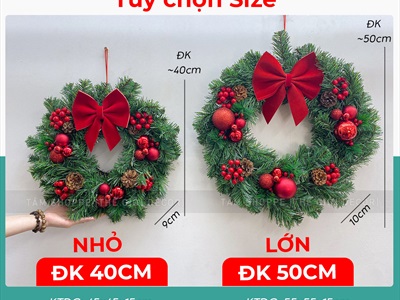 Vòng nguyệt quế Noel cổ điển nơ đỏ ĐK 40-50cm VNGQ-X-47